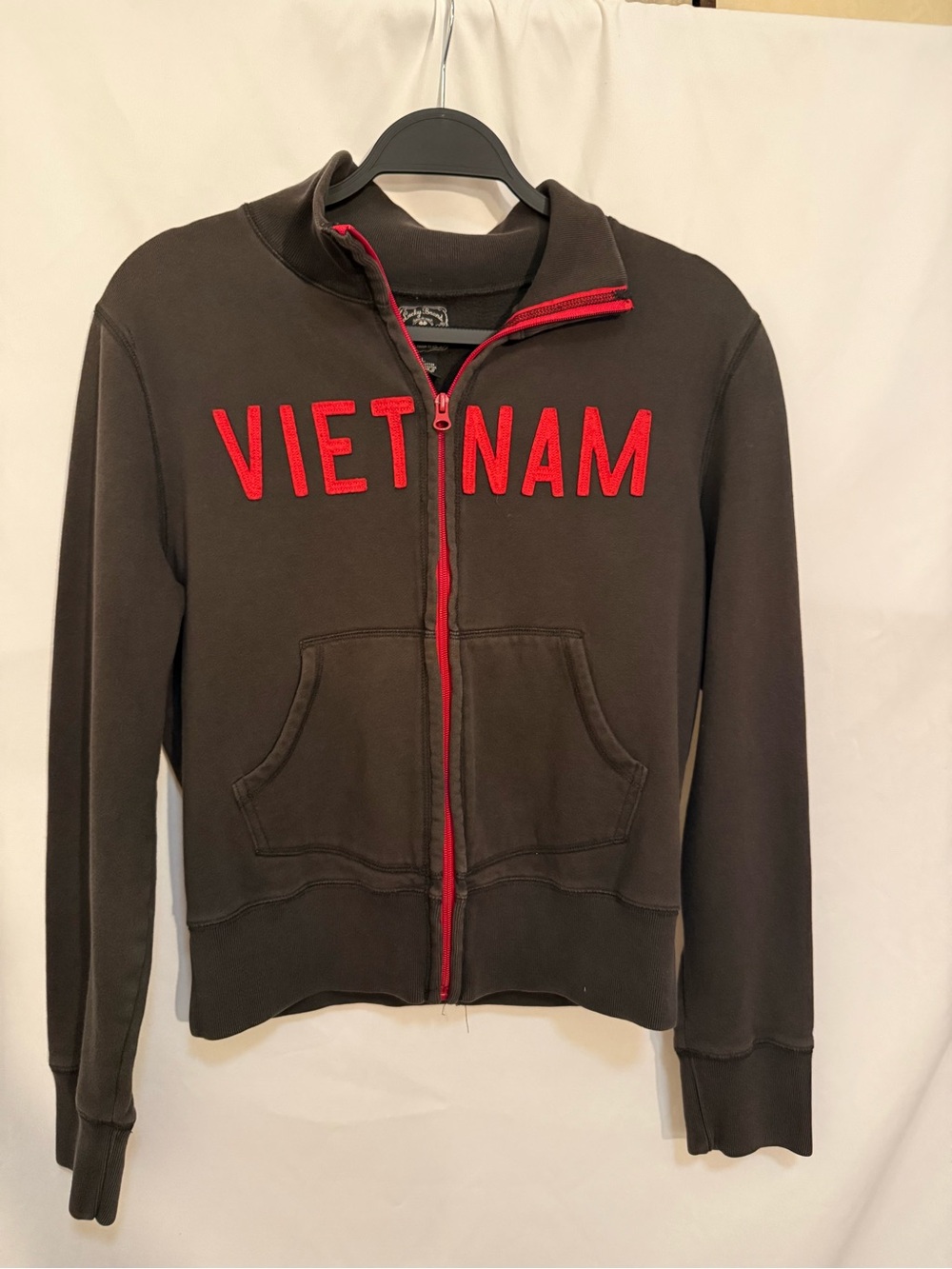 Vintage Lucky Brand Black Zip-Up Sweatshirt with Red VIETNAM Applique
